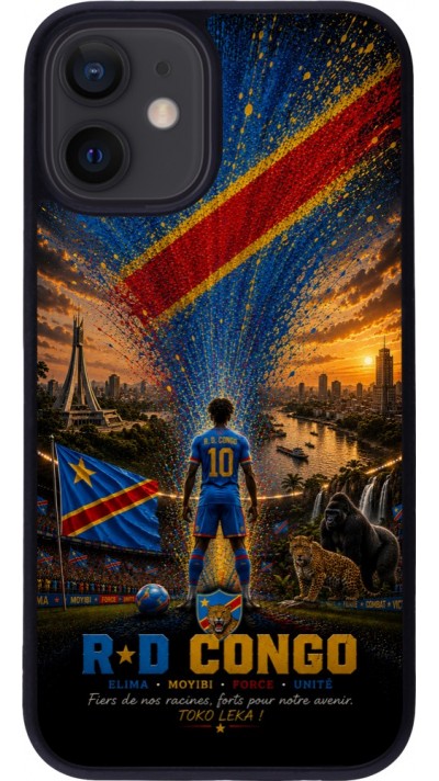 Coque iPhone 12 mini - Silicone rigide noir Football République démocratique du Congo splash 2026
