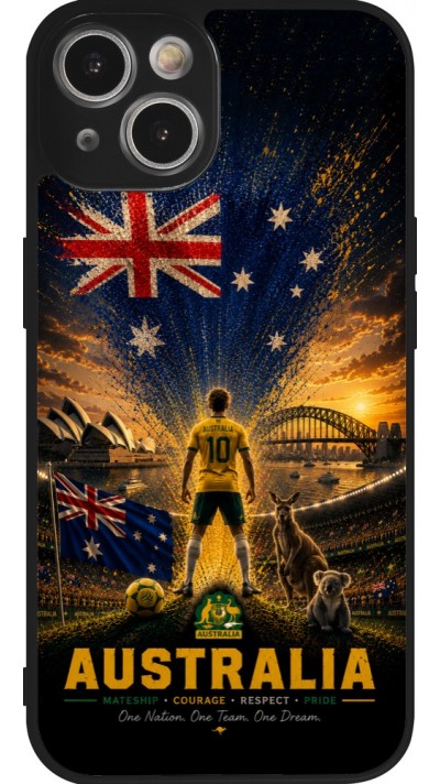 Coque iPhone 14 - Silicone rigide noir Football Australie splash 2026