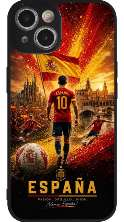 Coque iPhone 14 - Silicone rigide noir Football Espagne splash 2026