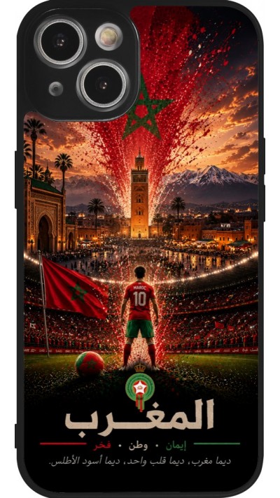 Coque iPhone 14 - Silicone rigide noir Football Maroc splash 2026