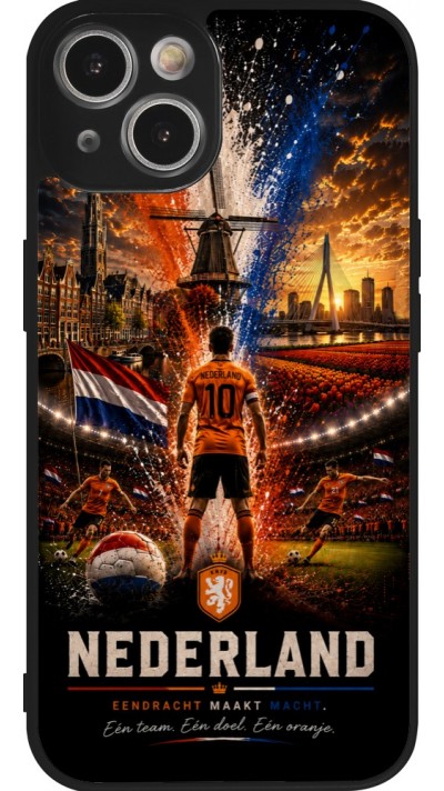 Coque iPhone 14 - Silicone rigide noir Football Pays-Bas splash 2026