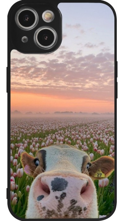 Coque iPhone 14 - Silicone rigide noir Cow with tulips Spring 2026
