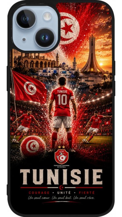 Coque iPhone 15 - Silicone rigide noir Football Tunisie splash 2026