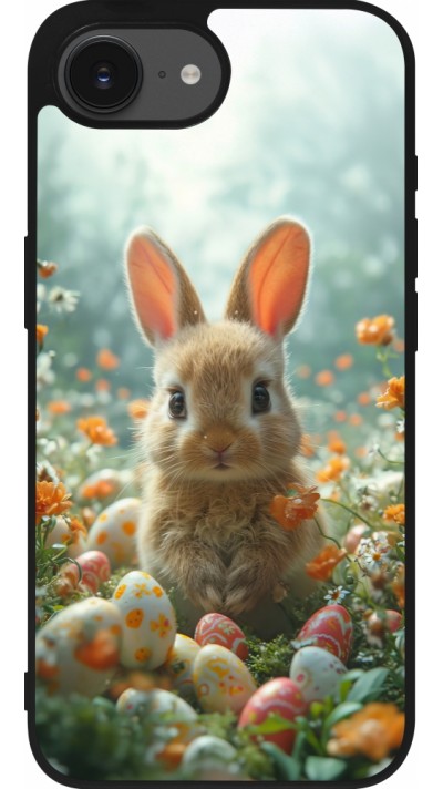 Coque iPhone 17e / 16e - Silicone rigide noir Easter 2026 Rabbit in the garden