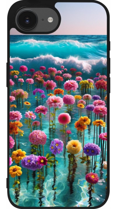 Coque iPhone 16e - Silicone rigide noir Flower sea waves