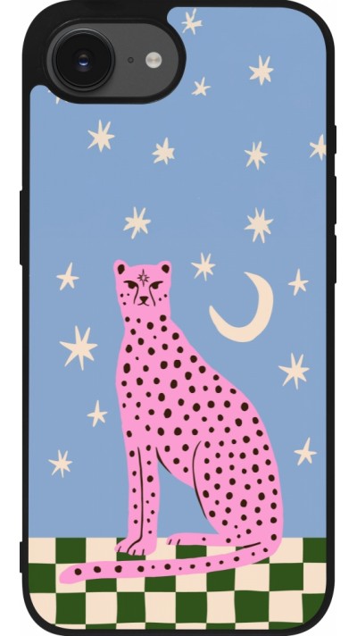 Coque iPhone 17e / 16e - Silicone rigide noir Pink leopard with stars 2026