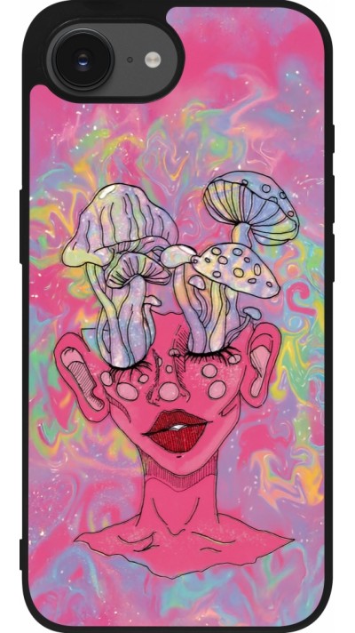 Coque iPhone 16e - Silicone rigide noir Psychedelic pink mushroom