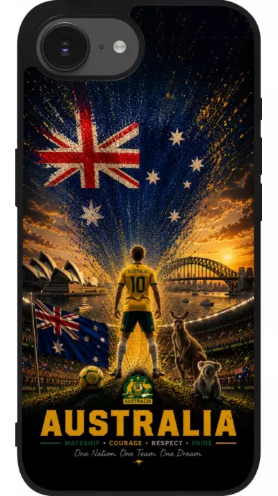 Coque iPhone 17e / 16e - Silicone rigide noir Football Australie splash 2026