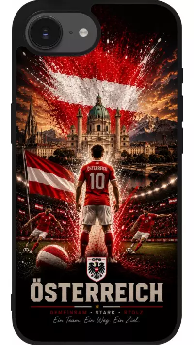 Coque iPhone 17e / 16e - Silicone rigide noir Football Autriche splash 2026