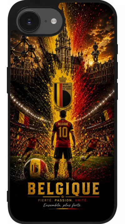 Coque iPhone 17e / 16e - Silicone rigide noir Football Belgique splash 2026