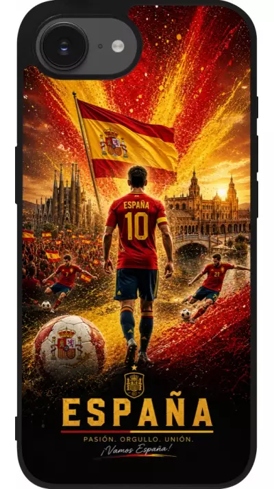 Coque iPhone 17e / 16e - Silicone rigide noir Football Espagne splash 2026
