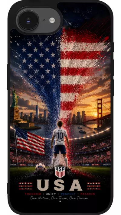 Coque iPhone 17e / 16e - Silicone rigide noir Football États-Unis splash 2026