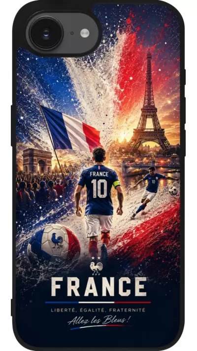 Coque iPhone 17e / 16e - Silicone rigide noir Football France splash 2026