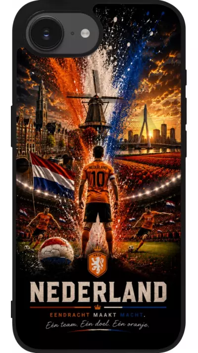 Coque iPhone 17e / 16e - Silicone rigide noir Football Pays-Bas splash 2026