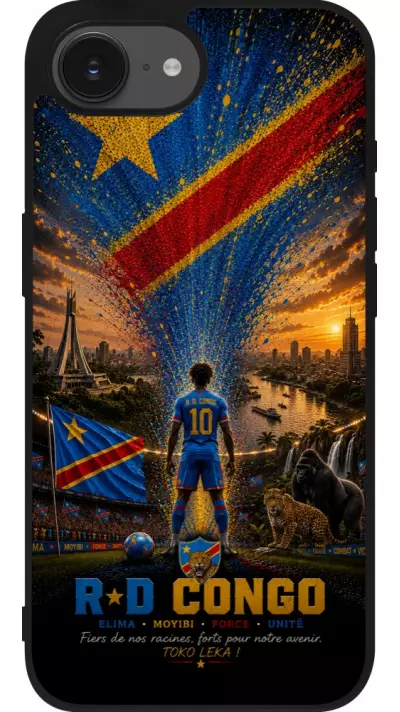 Coque iPhone 17e / 16e - Silicone rigide noir Football République démocratique du Congo splash 2026