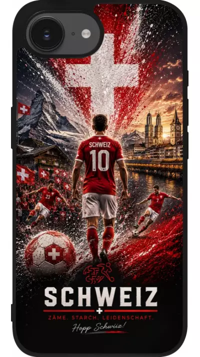 Coque iPhone 17e / 16e - Silicone rigide noir Football Schweiz splash 2026