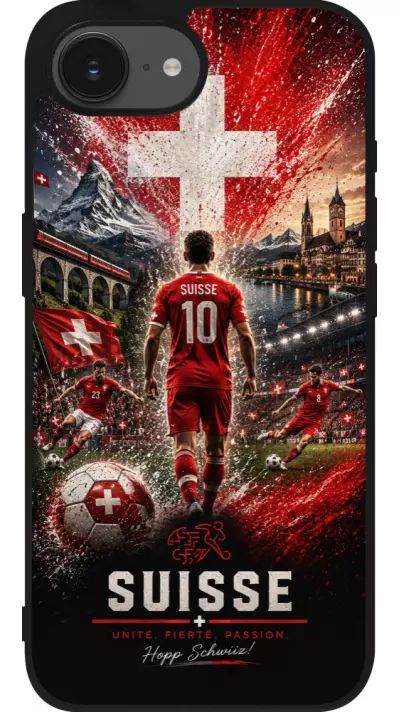Coque iPhone 17e / 16e - Silicone rigide noir Football Suisse splash 2026