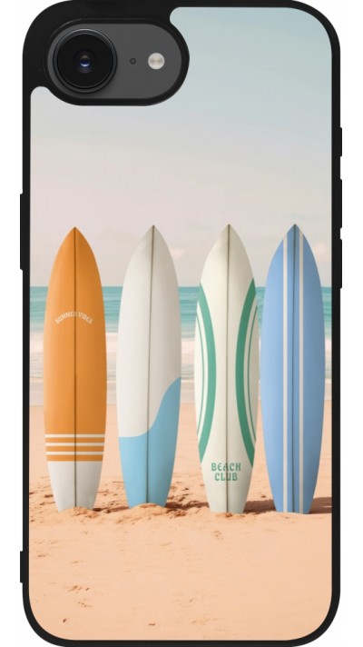 Coque iPhone 16e - Silicone rigide noir Summer surfboard 2025