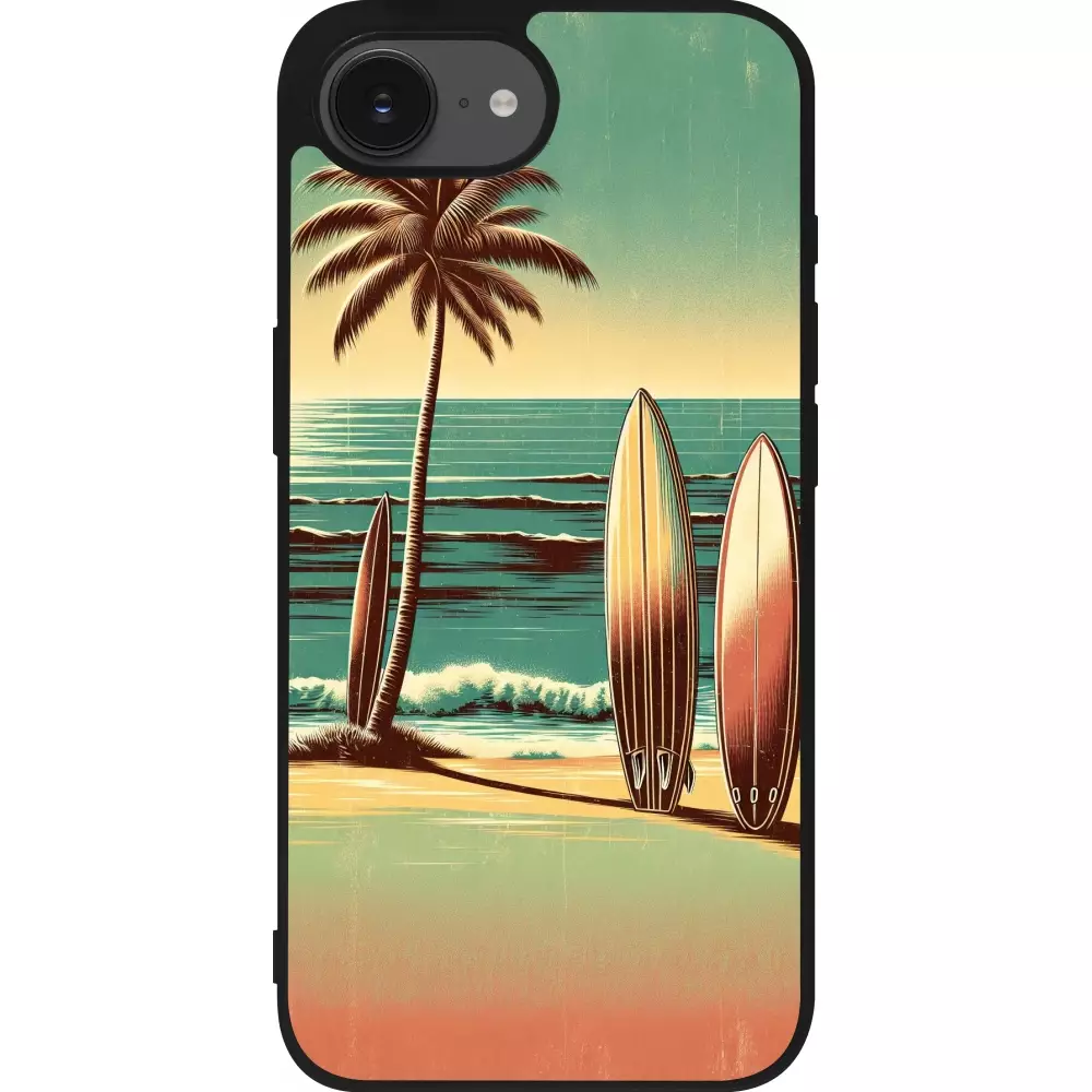 Coque iPhone 16e - Silicone rigide noir Surf Paradise