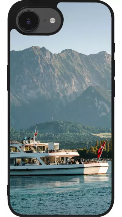 Coque iPhone 16e - Silicone rigide noir Fête Nationale Suisse Bateau Leman