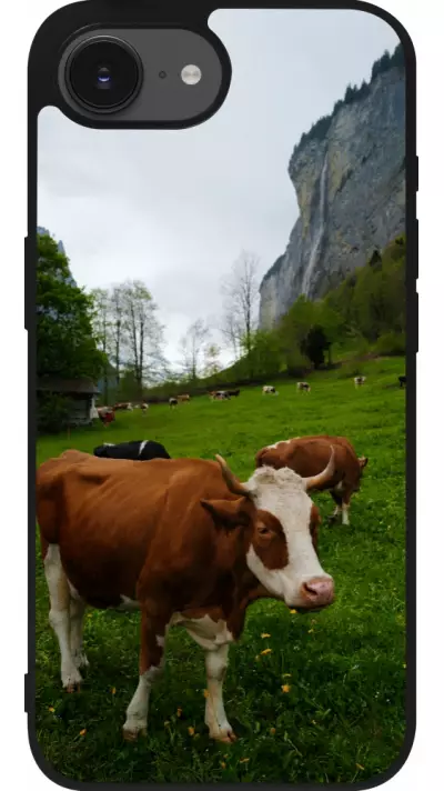 Coque iPhone 16e - Silicone rigide noir Fête Nationale Suisse Vaches