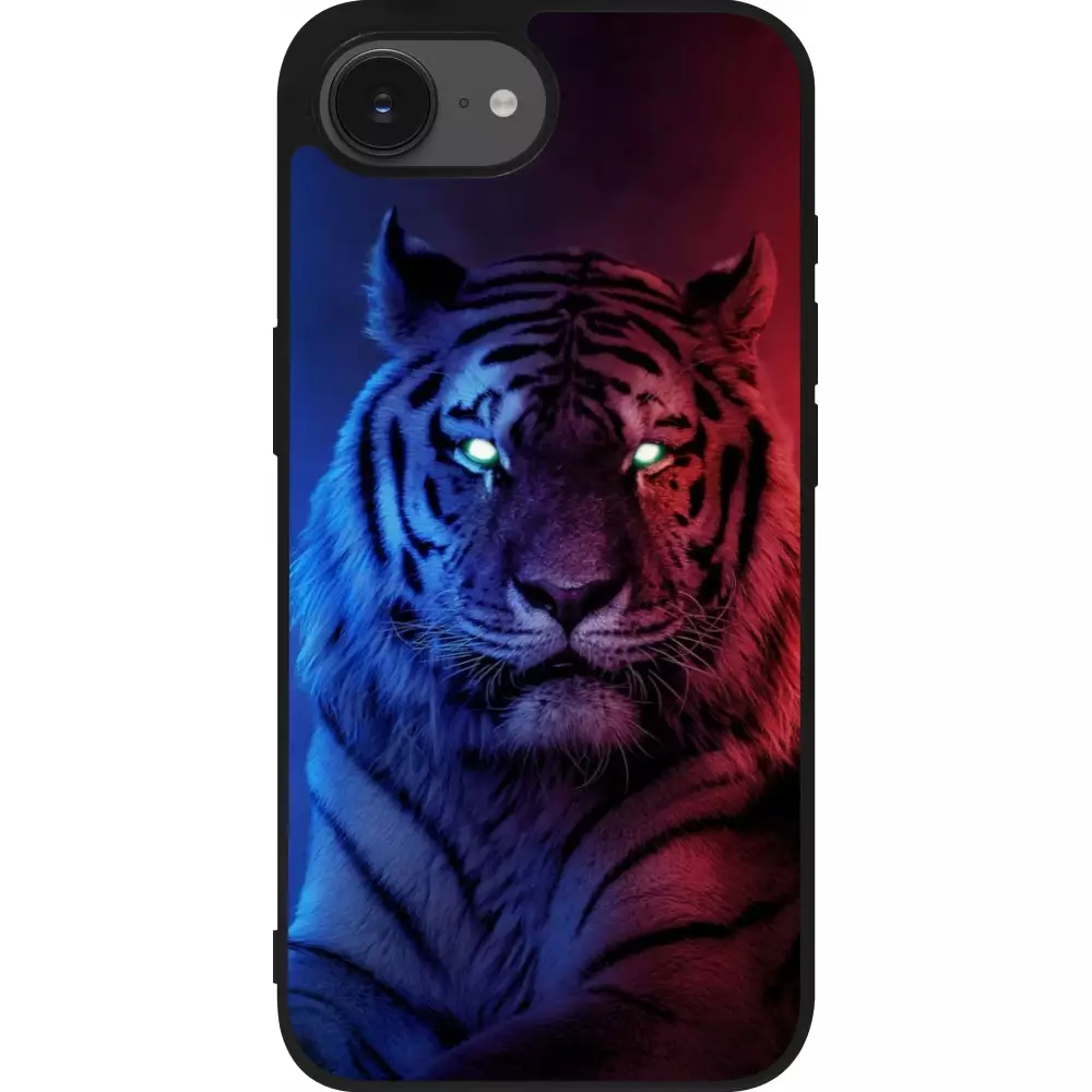 Coque iPhone 16e - Silicone rigide noir Tiger Blue Red
