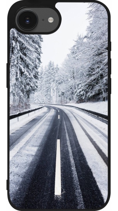 Coque iPhone 16e - Silicone rigide noir Winter 22 Snowy Road
