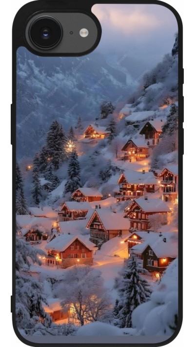 Coque iPhone 17e / 16e - Silicone rigide noir Winter 25 Winter snowy village