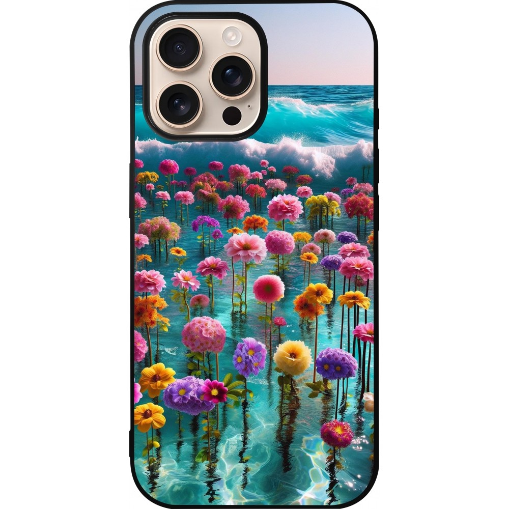 Coque iPhone 16 Pro Max - Silicone rigide noir Flower sea waves