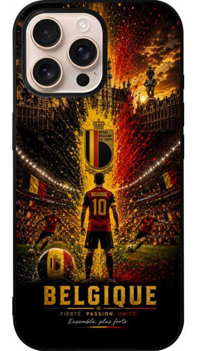 Coque iPhone 16 Pro Max - Silicone rigide noir Football Belgique splash 2026