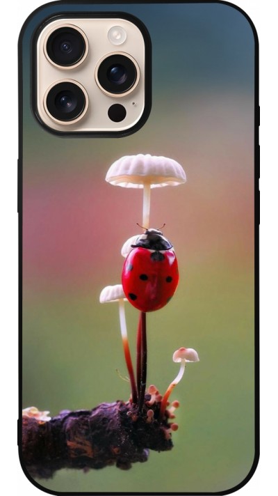 Coque iPhone 16 Pro Max - Silicone rigide noir Ladybird on a mushroom Spring 2026