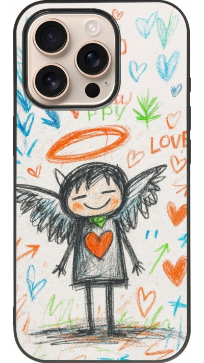 Coque iPhone 16 Pro - Silicone rigide noir Little Angel Sketch Love
