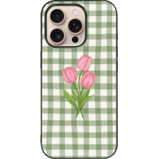 Coque iPhone 16 Pro - Silicone rigide noir Green vichy tulips Spring 2026