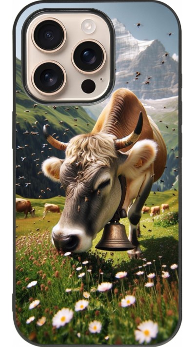 Coque iPhone 16 Pro - Silicone rigide noir Vache montagne Valais