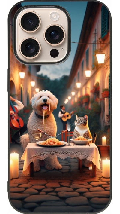 Coque iPhone 16 Pro - Silicone rigide noir Valentine 2024 Dog & Cat Candlelight