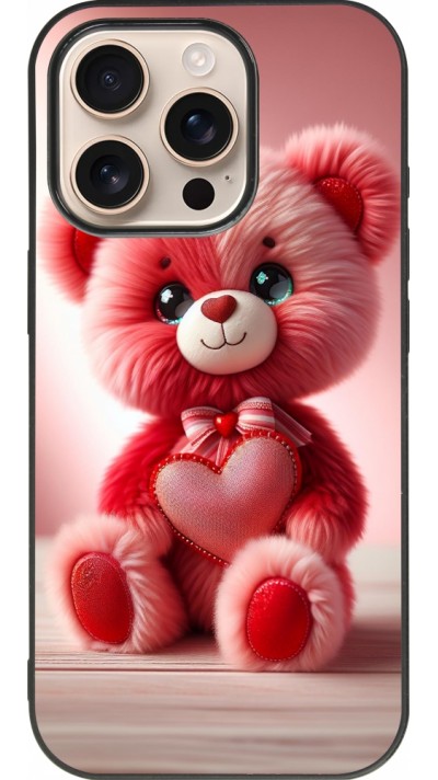 Coque iPhone 16 Pro - Silicone rigide noir Valentine 2024 Ourson rose