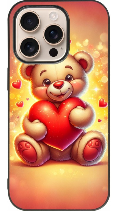 Coque iPhone 16 Pro - Silicone rigide noir Valentine 2024 Teddy love