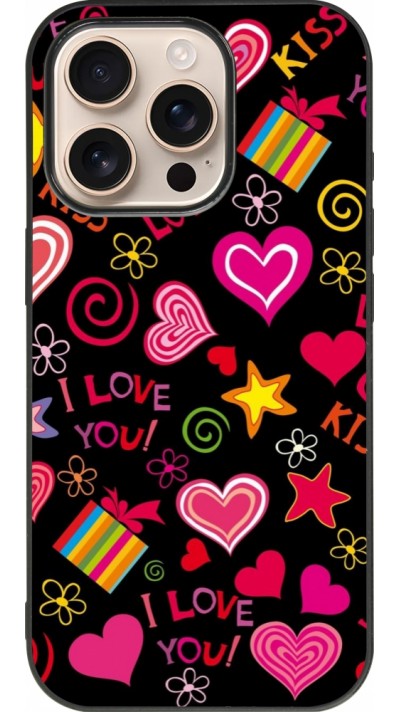 Coque iPhone 16 Pro - Silicone rigide noir Valentine 2023 love symbols
