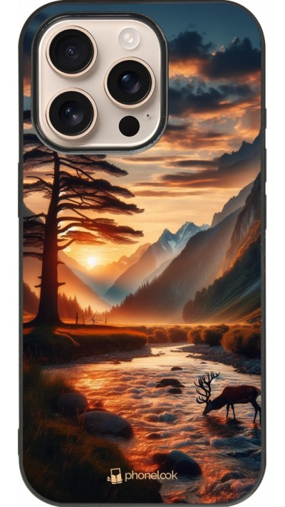 Coque iPhone 16 Pro - Silicone rigide noir Valley Sunset Deer Tree