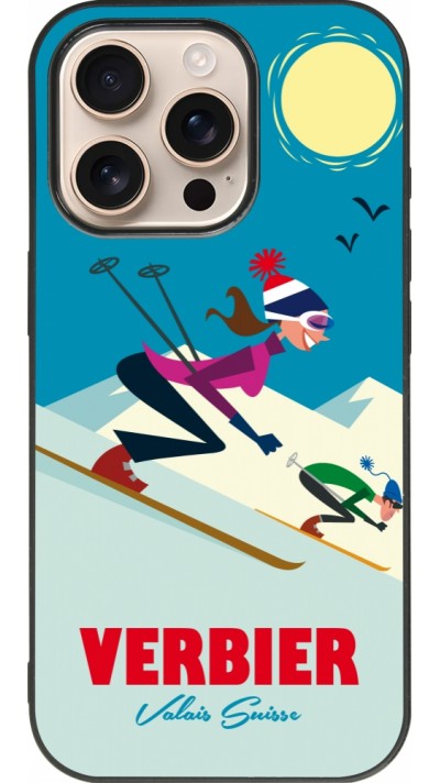 Coque iPhone 16 Pro - Silicone rigide noir Verbier Ski Downhill