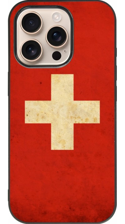 Coque iPhone 16 Pro - Silicone rigide noir Vintage Flag SWISS
