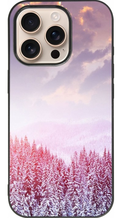 Coque iPhone 16 Pro - Silicone rigide noir Winter 22 Pink Forest