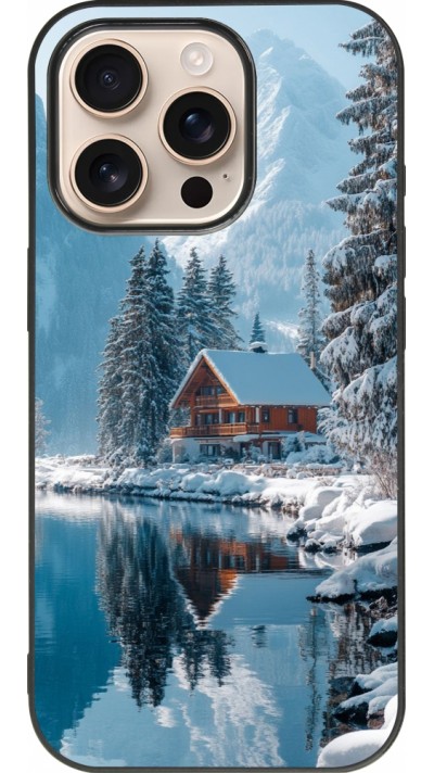 Coque iPhone 16 Pro - Silicone rigide noir Winter 25 Winter house forest day