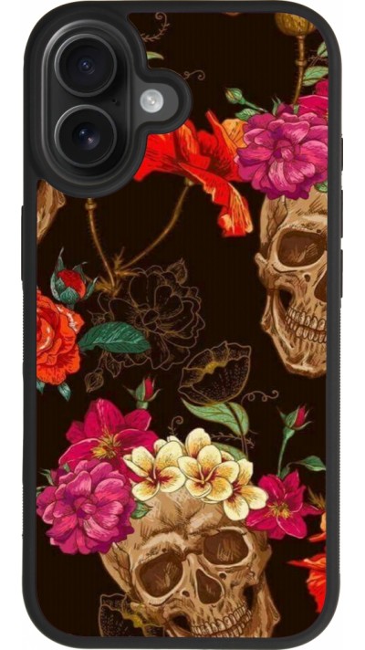 Coque iPhone 17 - Silicone rigide noir Skulls and flowers Coque iPhone 17 - Silicone rigide noir Skulls and flowers
