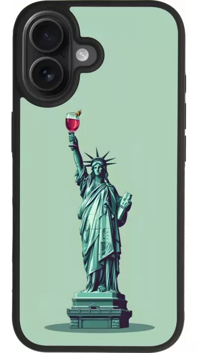 Coque iPhone 17 - Silicone rigide noir Wine Statue de la liberté avec un verre de vin Coque iPhone 17 - Silicone rigide noir Wine Statue de la liberté avec un verre de vin