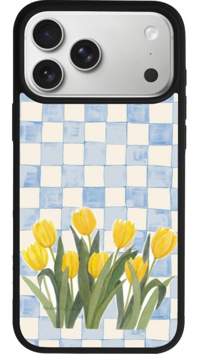 Coque iPhone 17 Pro Max - Silicone rigide noir Blue vichy tulips Spring 2026
