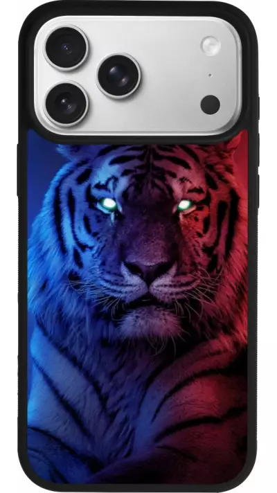 Coque iPhone 17 Pro Max - Silicone rigide noir Tiger Blue Red Coque iPhone 17 Pro Max - Silicone rigide noir Tiger Blue Red