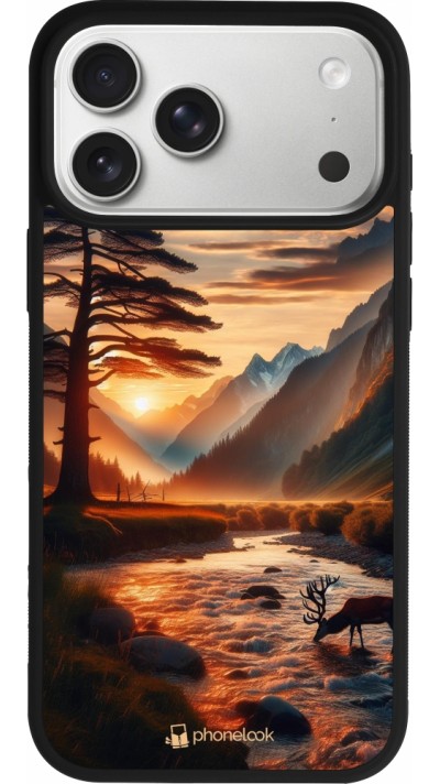 Coque iPhone 17 Pro Max - Silicone rigide noir Valley Sunset Deer Tree