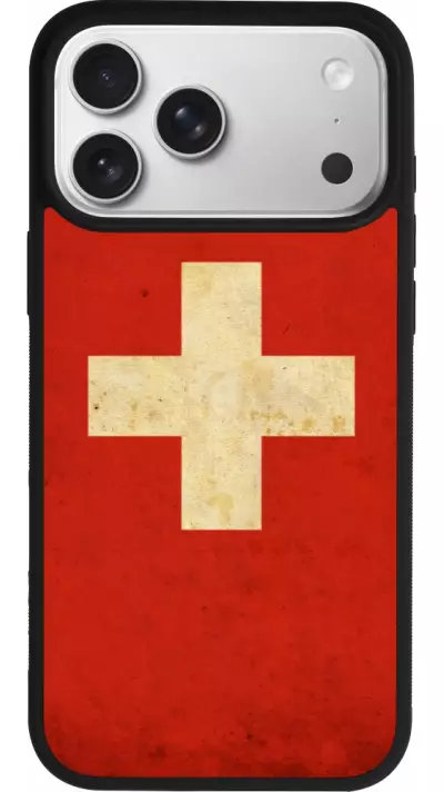 Coque iPhone 17 Pro Max - Silicone rigide noir Vintage Flag SWISS Coque iPhone 17 Pro Max - Silicone rigide noir Vintage Flag SWISS
