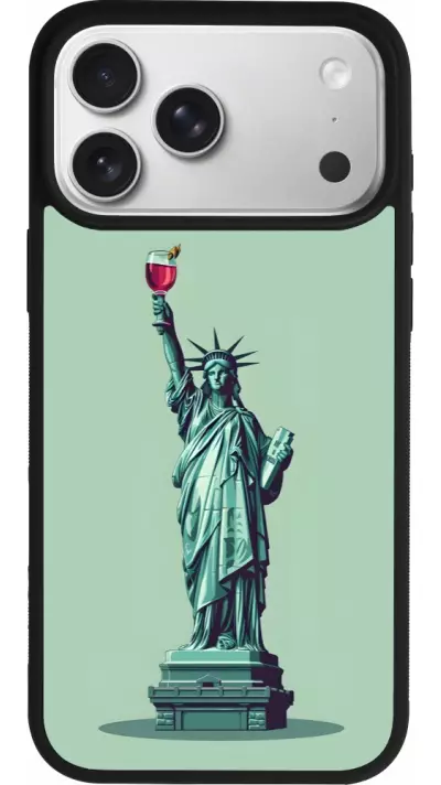 Coque iPhone 17 Pro Max - Silicone rigide noir Wine Statue de la liberté avec un verre de vin Coque iPhone 17 Pro Max - Silicone rigide noir Wine Statue de la liberté avec un verre de vin